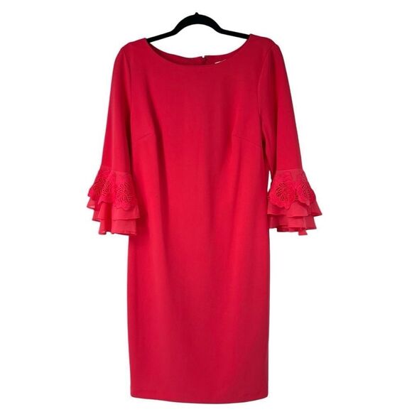 Calvin Klein Pink Chiffon-Cuff Floral Appliqué Long Bell-Sleeve Dress - Picture 1 of 9